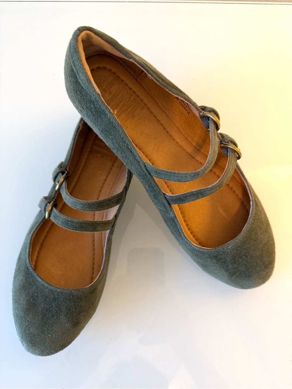 Frye Carson Multi Mary Jane Suede Olive Green Double-Strap Flat Shoes 7.5